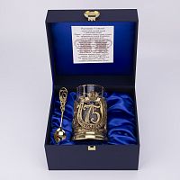 Набор для чая "С юбилеем-75 лет" (стакан-хрусталь с золотым ободком, деревянный футляр, ложка- латунь)